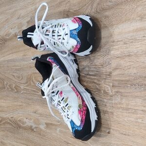 🩷💙Women's Skechers D'Lites White Sneakers w/ Colorful & Floral Accents sz 7.5